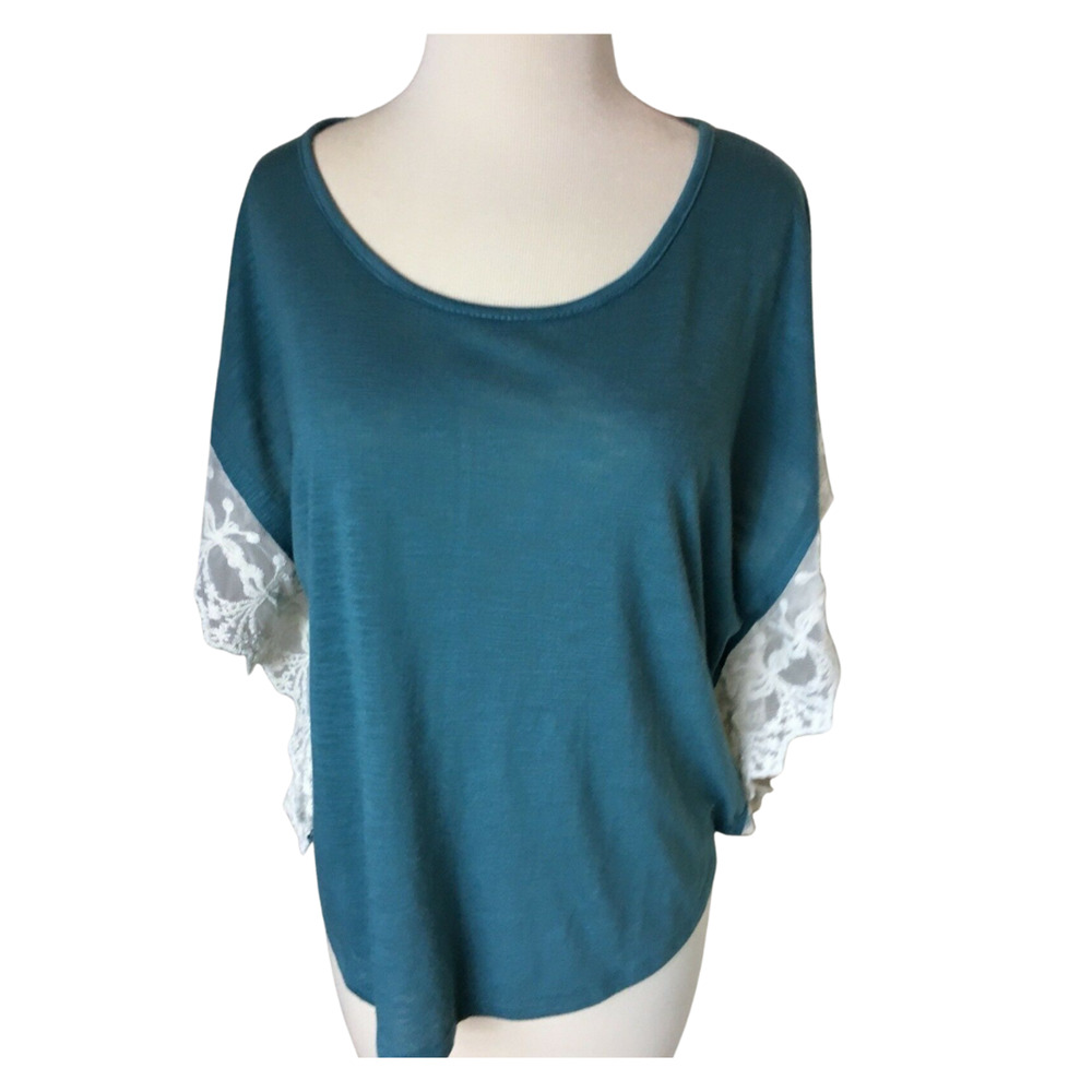 XS Kirra Teal Green Dolman Style Short Sleeve Cream Lace